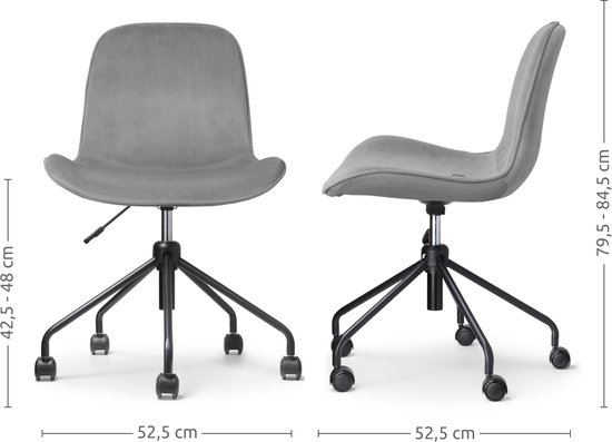 Nolon Nout-Fé Set de 2 Chaises de bureau Velours Grijs - Tissu - Velours - Ajustable - Roulettes - Piètement Zwart