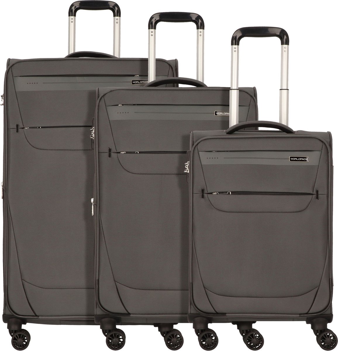 Worldpack Denver 4 wielen Kofferset 3-delig - Zachte bagage - TSA slot - dunkelgrau