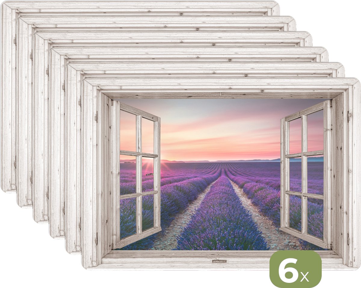 Placemats - 6 stuks - 45x30 cm - Placemat kunststof - Doorkijk - Lavendel - Bloemen - Hout - Zonsondergang - Paars - Borden onderleggers - Decoratie voor op tafel - Keuken tafeldecoratie accessoires - Vinyl onderlegger - Tafelversiering