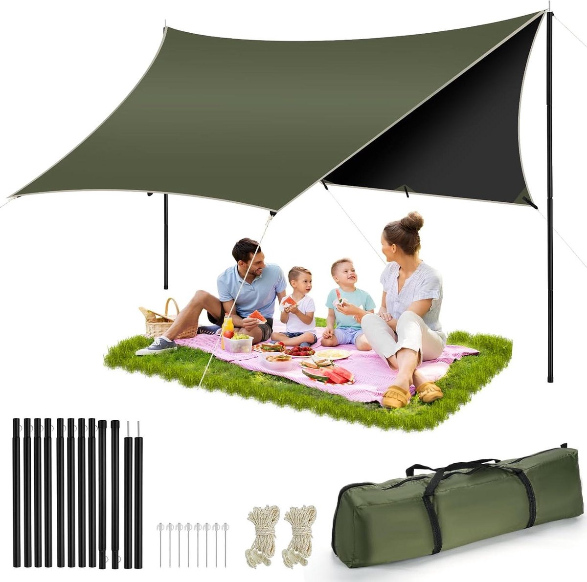 Waterdicht Camping Tarp 10*10ft - Draagbaar Lichtgewicht Winddicht Sneeuwdicht - Ripstop Camping Shelter Anti-UV - Met Polen & Heavy-Duty Vinyl Materiaal - Voor Camping Reizen Outdoor
