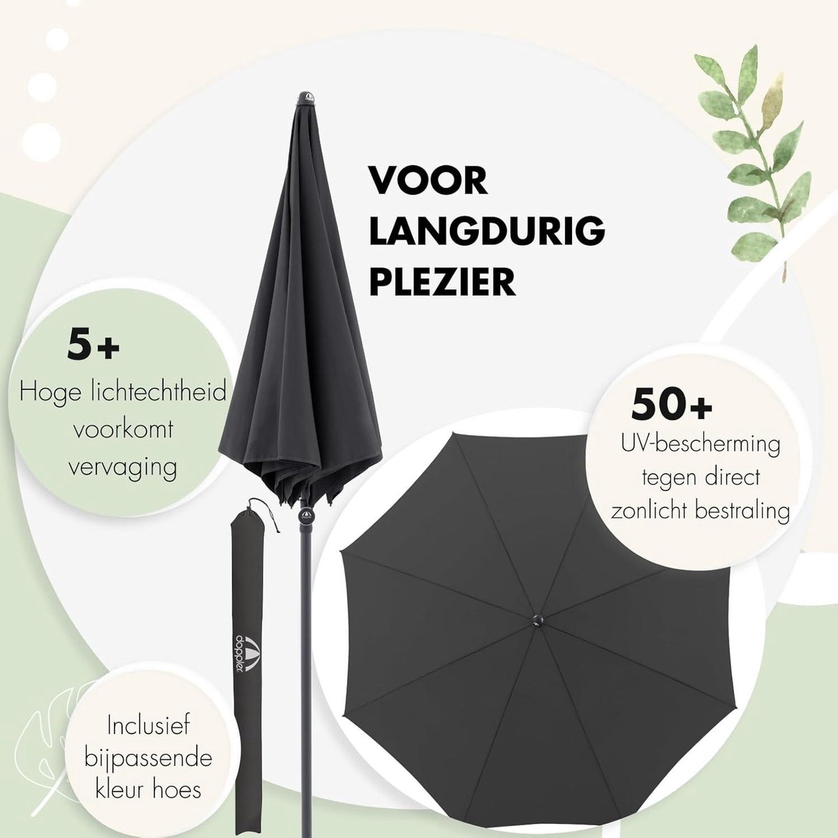 200cm ronde naturel parasol voor balkon & terras, handmatige opening, met hoes, kantelbare tuinparasol