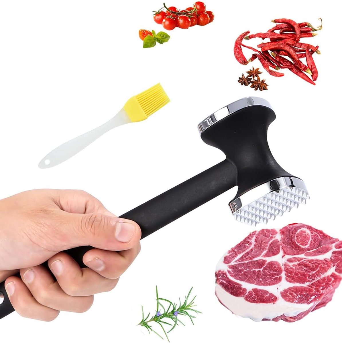HOOMIL Vleeshamer van 304 roestvrij staal, dubbelzijdige vleeshamer, vaatwasmachinebestendig, schnitzelklopper voor steaks en koteletten - zilver HOOMIL Vleeshamer van 304 roestvrij staal, dubbelzijdige vleeshamer, vaatwasmachinebestendig, schnitzelklopper voor steaks en koteletten - zilver