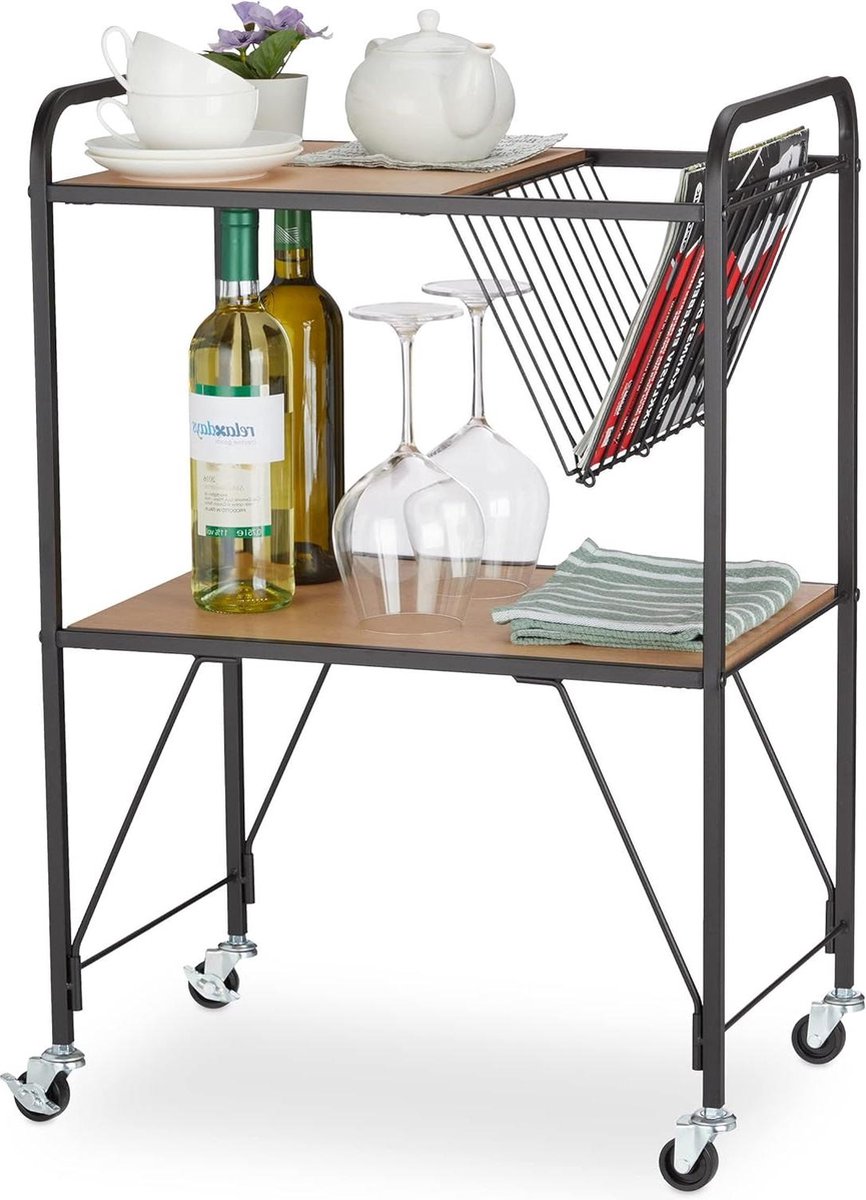 Serveerwagen op wieltjes 2 etages lectuurbak houtlook metaal HBD 57x50x33 cm keukentrolley natuur zwart