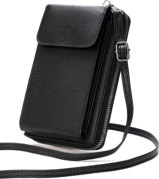 Sac de téléphone avec sac à bandoulière portefeuille pour téléphone - Sac à bandoulière en cuir pour femme - Zwart