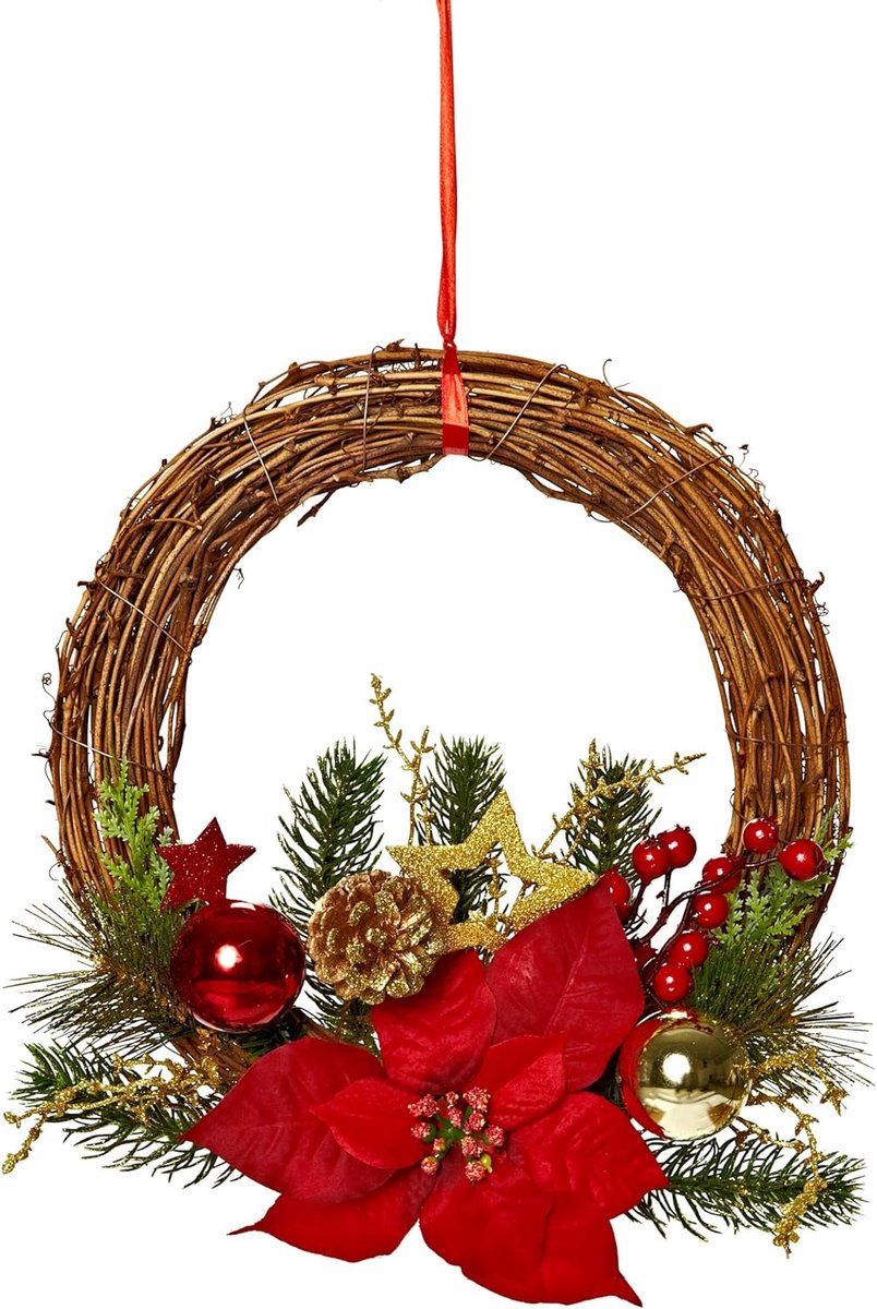 Deurkrans - kerstkrans - kerstdecoratie - rood, goud, groen - dennentakken - ‎35 x 35 x 12 cm
