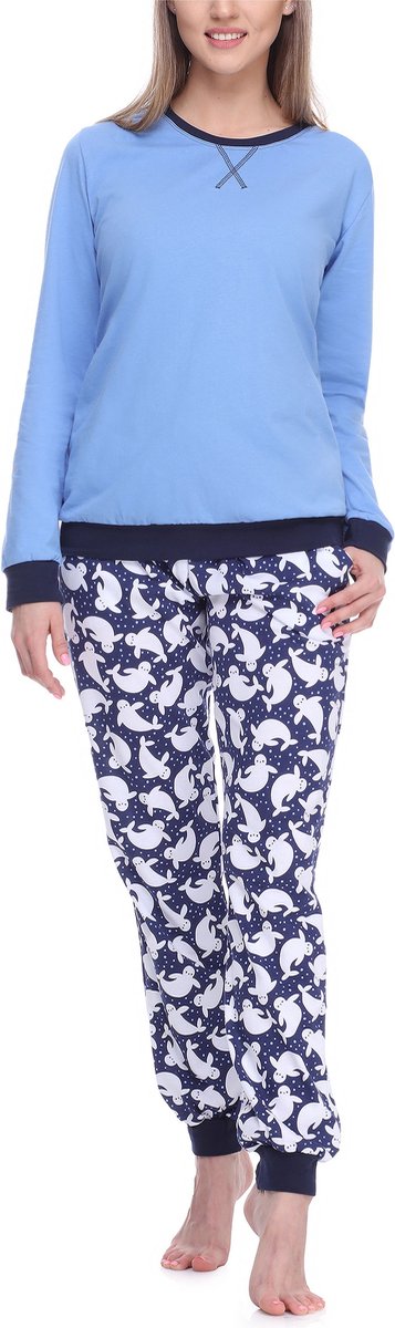 Merry Style MS-MS10-168-PJ Dames Pyjama - ronde hals - lange mouwen - lange broek met zakken - Katoen - Blauw/Witte Zeehond