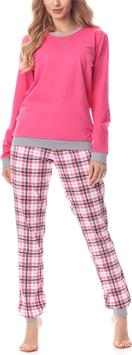 Merry Style MS-MS10-168-PJ Dames Pyjama - ronde hals - lange mouwen - lange broek met zakken - Katoen - Amarant/Grijs - XXL