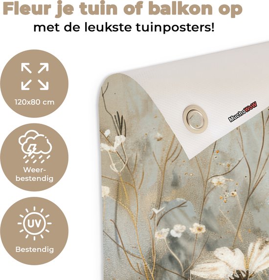 Een tuinposter van witte bloemen in het formaat 120x80 cm, weer- en UV-bestendig.