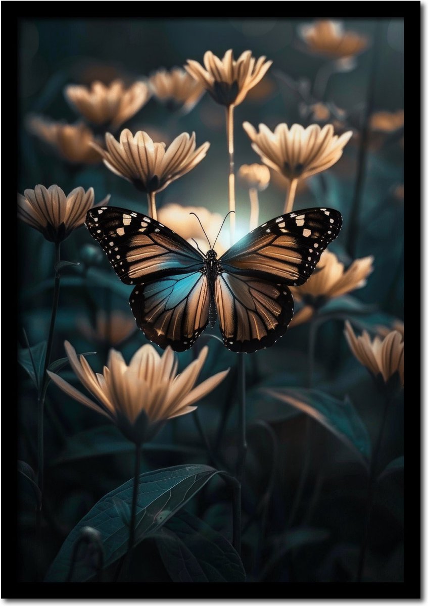 Plakkers Poster vlinder vliegt tussen de bloemen - 50cm x 70cm - vintage - woonkamer - slaapkamer - bloemen posters - goedkoop - muurposter - natuur - wanddecoratie Full-colour