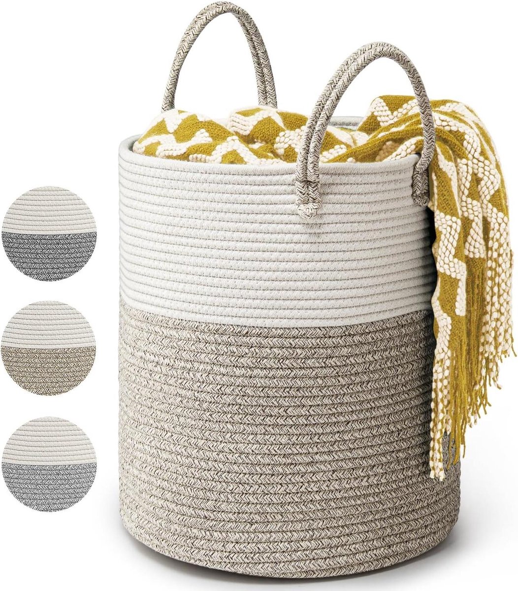 Goedkoopste Geweven Katoenen Touw Wasmand - Grote Opbergmand 39L - D35 x H40 CM - Met Handgreep - Opvouwbare Wasmand voor Thuisopslag en Decoratie - Bruin Wasmand