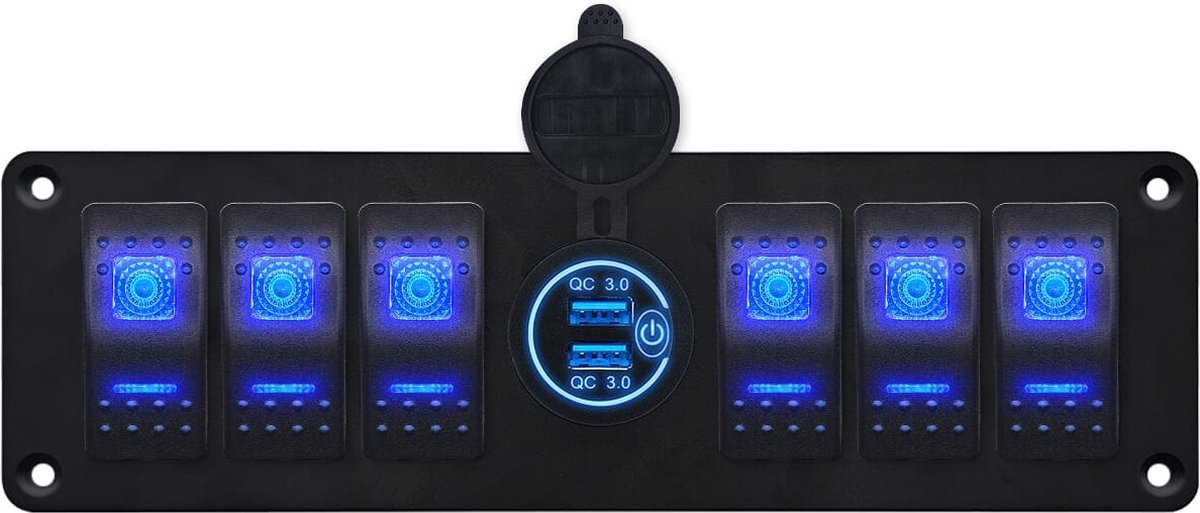 ProRide Schakelpaneel 12V voor Auto/Boot - USB Stopcontact 2 Poorten met Schakelaar - QC3.0 - PUSB1QC-B - 6 schakelaars - Blauw
