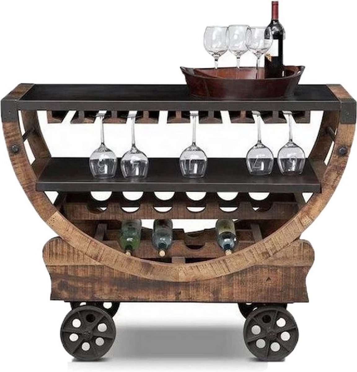 De Hanze Herten Wijntrolley Vintage Wijnkar Industriële Drankenwagen Mangohout Retro Wijnrek Mango hout