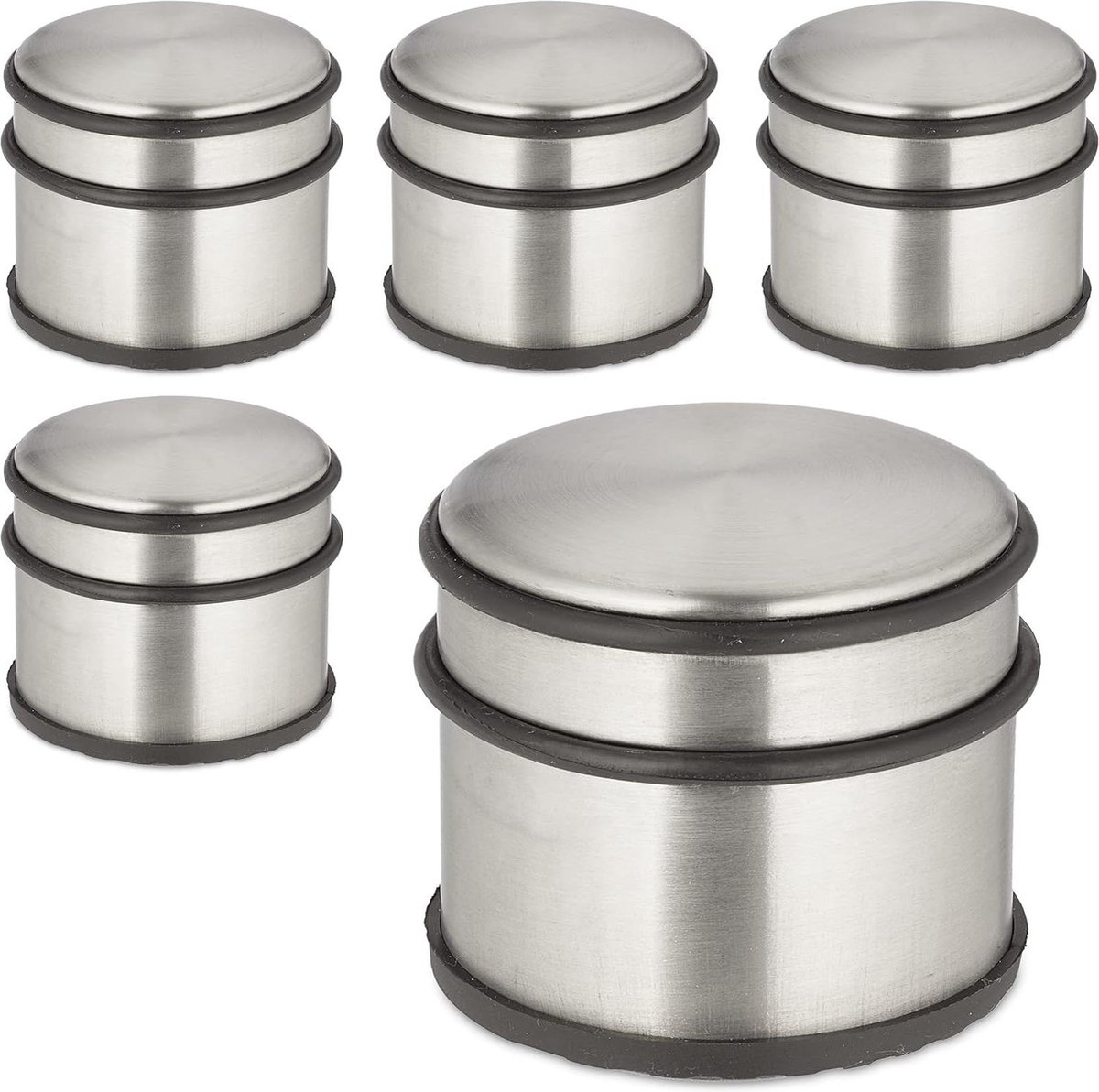 Stainless Steel Door Stopper Set of 5 - 7.5 x 9 cm High & Heavy Non-Slip Round Door Stop for Indoor Use - Silver/Black