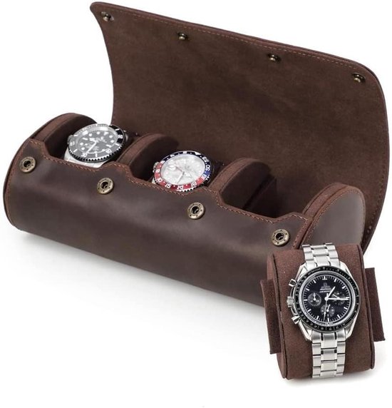 Hiram Horloge Roll Case voor 3 Horloges Handgemaakte Lederen Zeshoek Horloge Travel Organizer Horloges Beschermende Opbergdoos