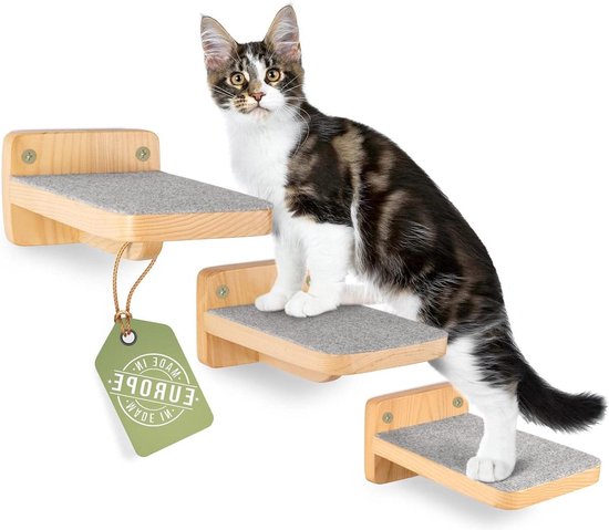 WOOWOOD Kattenklimwand XL – Set Van 3 – Kattentrappen Voor Aan De Muur – Massief Hout – Antislip Vlies – Belastbaar Tot 35 Kg – Europese Productie 3 miniatura