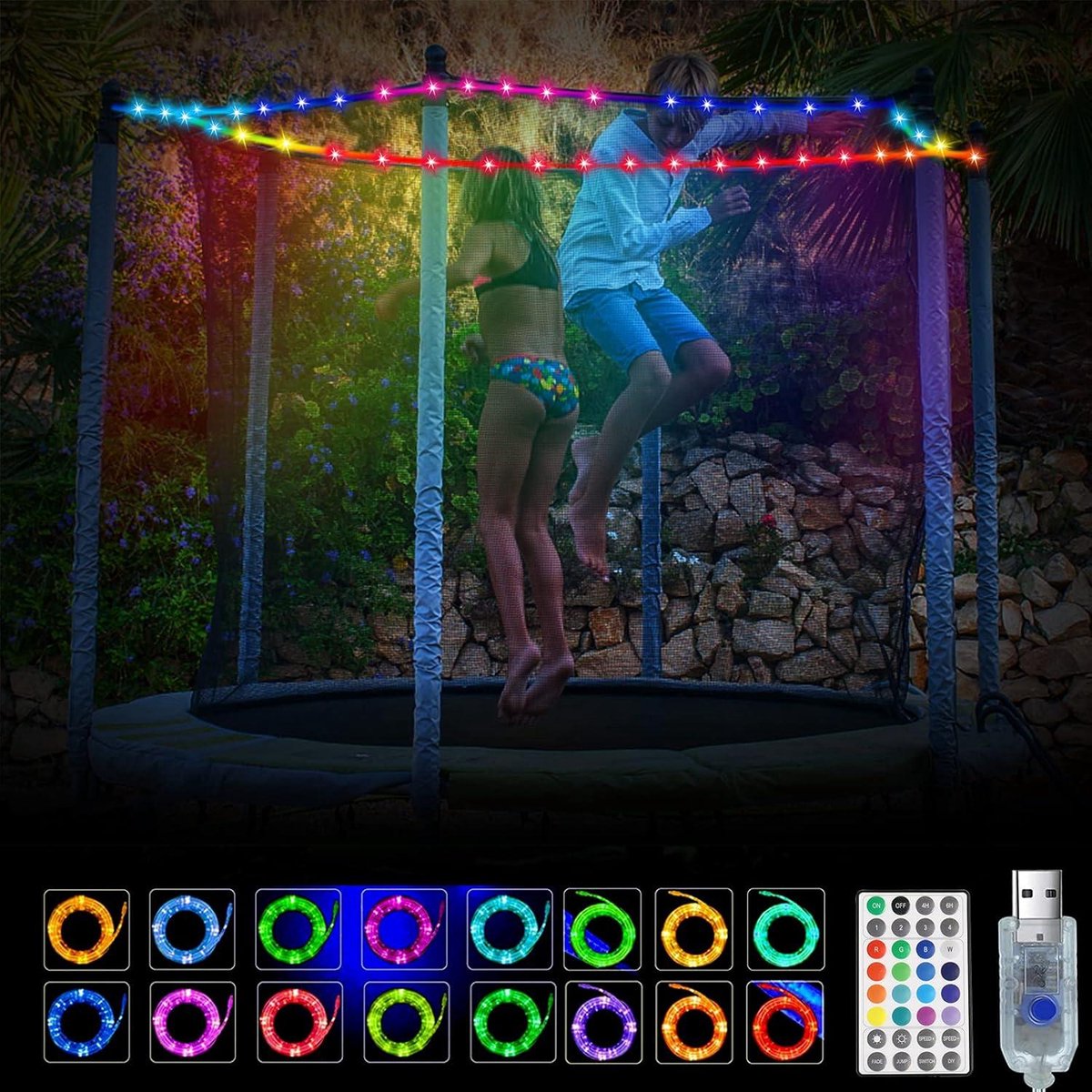 Led-lichtslang, 10 m, met USB, waterdicht, kleurrijk, 16 kleuren, 4 modi, buitendecoratie voor tuin, trampoline of balkon, ideaal voor Kerstmis, bruiloft, feest