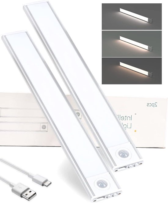 Foto: Bewegingssensor nachtlampje 54 leds drie kleuren kastlicht 4 modi kledingkastlamp 1500 mah keuken trappen hall garage 30 cm x 2 stuks