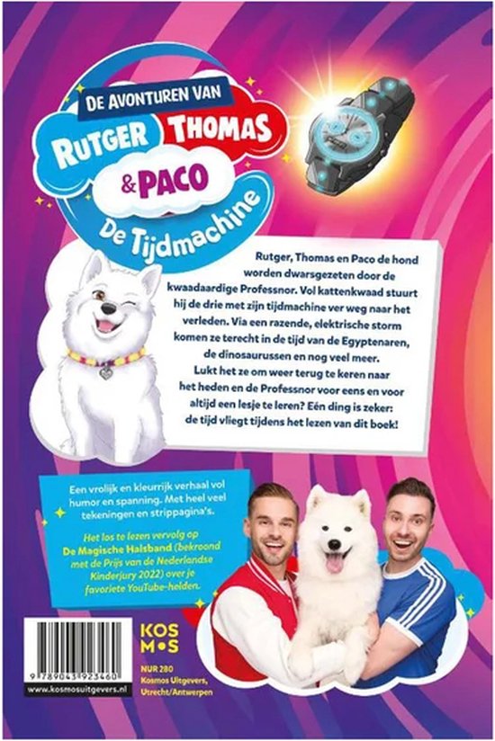 Boekomslag: Rutger, Thomas en hond Paco, met tijdmachine en tekst "De avonturen van Rutger, Thomas & Paco de Tijdmachine".