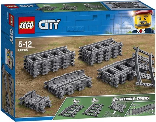 LEGO City treinrails: 4x rechte rails, 8x bochtrails, 8x flexibele rails en wisselstukken.