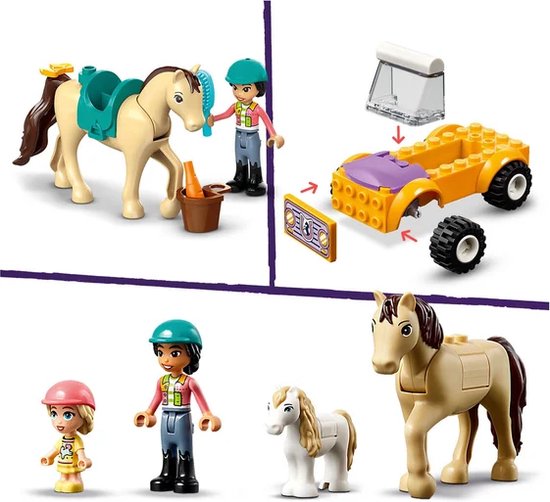 Un cheval beige LEGO Friends avec selle, une fille avec brosse, une voiture jaune, un poney blanc et deux figurines.