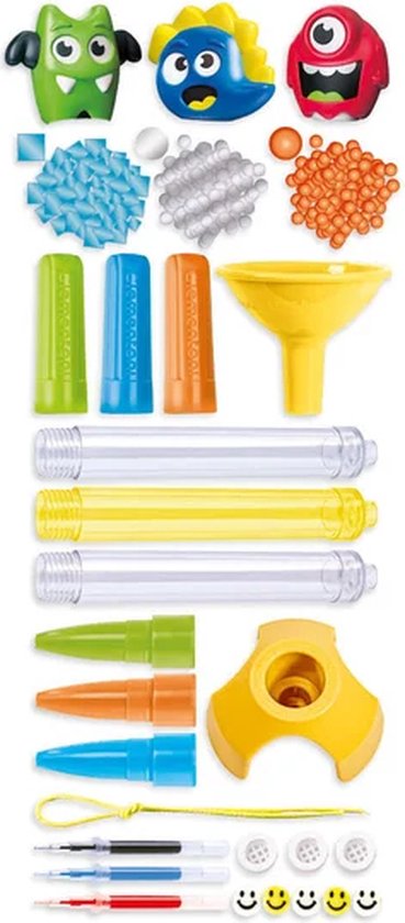 Onderdelen voor het maken van monsterpennen: monsterhoofdjes, glitter, vullers, trechter en pennen.