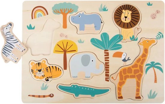 Houten puzzel met safari-thema, waarbij de krokodil en zebra losliggen. De puzzel bevat een leeuw, giraf, olifant, nijlpaard, tijger, slang en regenboog.