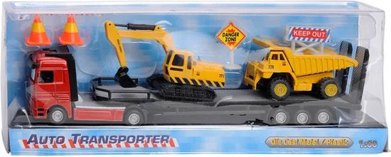 Rode dieplader met gele hijskraan en gele dump truck, met oranje kegels en borden 'DANGER ZONE' en 'KEEP OUT'.