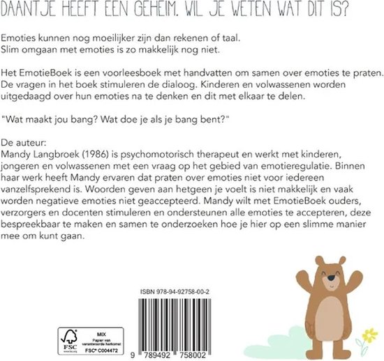 De achterkant van een kinderboek met tekst over emoties en een illustratie van een bruine beer.