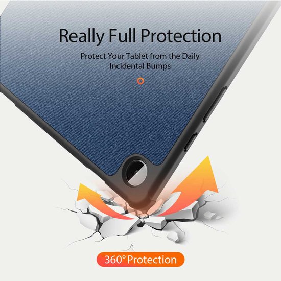 Étui tablette bleu tombant et offrant une protection à 360 degrés.