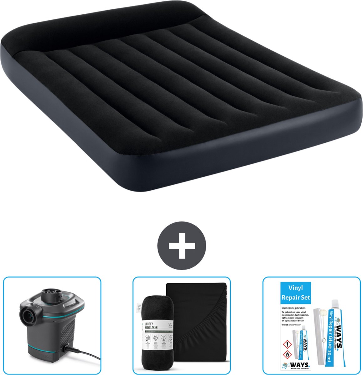 Intex Luchtbedset - Twijfelaar - 137 x 191 x 25 cm - Blauw + Intex Elektrische Pomp - 650 Liter/min + Hoeslaken Zwart + Reparatieset