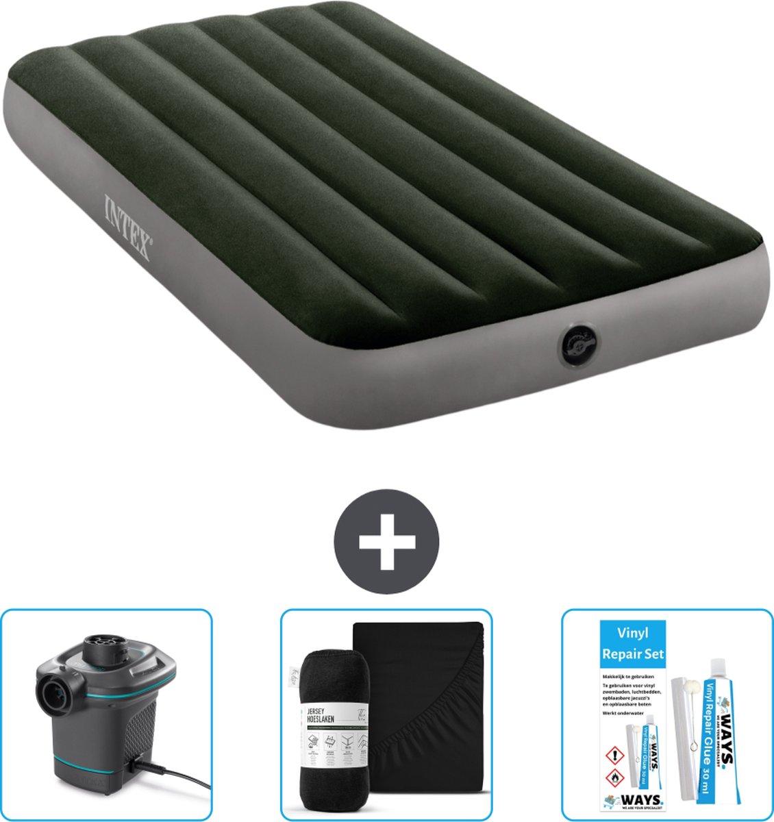 Intex Luchtbedset Intex Luchtbed - 1-Persoons - 99 x 191 x 25 cm - Groen + Intex Elektrische Pomp - 650 Liter/min + Hoeslaken Zwart + Reparatieset