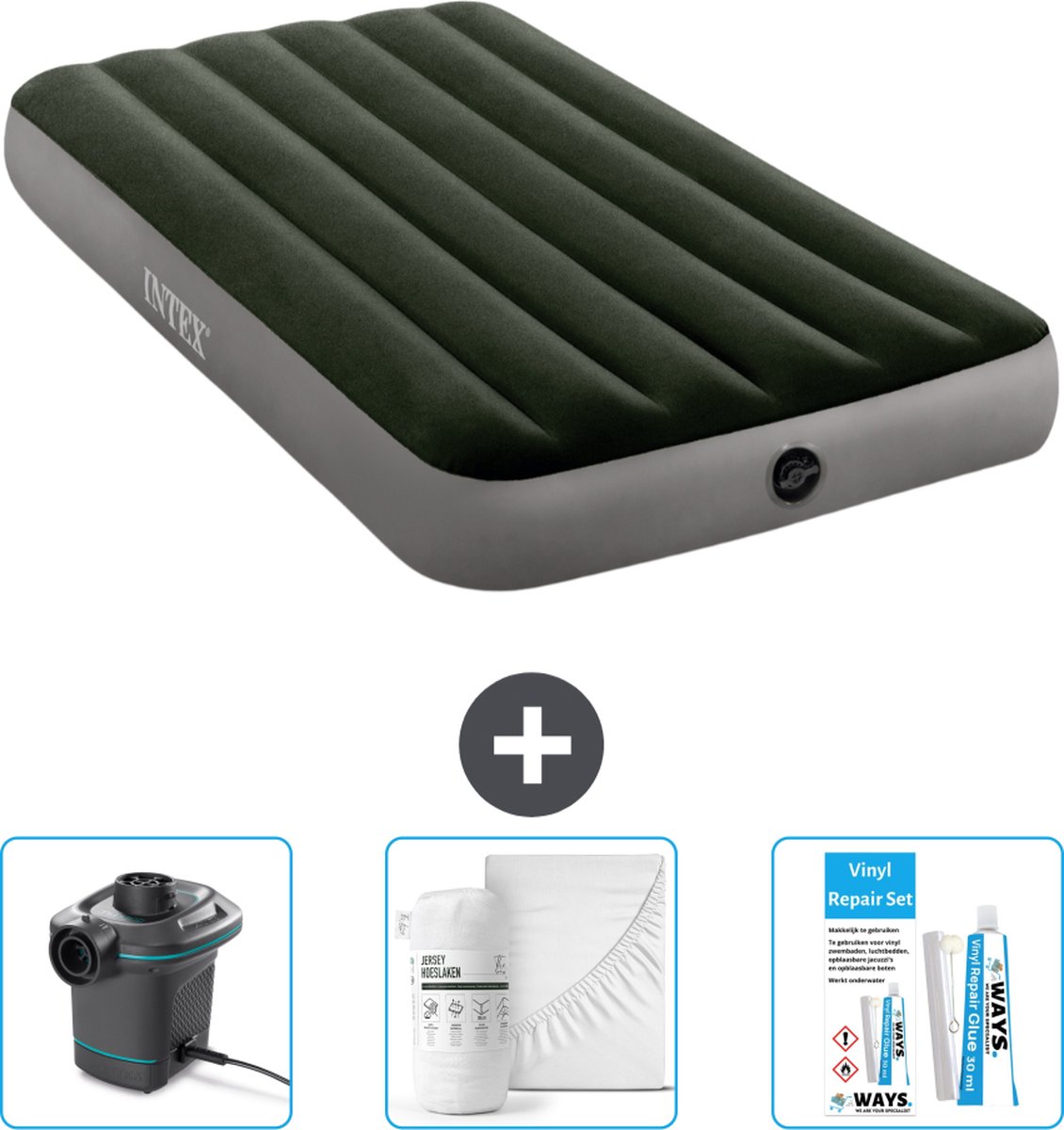 Intex Luchtbedset - 1-Persoons - 99 x 191 x 25 cm - Groen + Intex Elektrische Pomp - 650 Liter/min + Hoeslaken Wit + Reparatieset