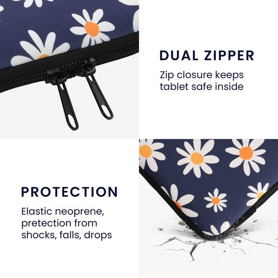 Detail van het blauwe hoesje met madeliefjes, inclusief ritsen en de schokabsorberende eigenschappen.