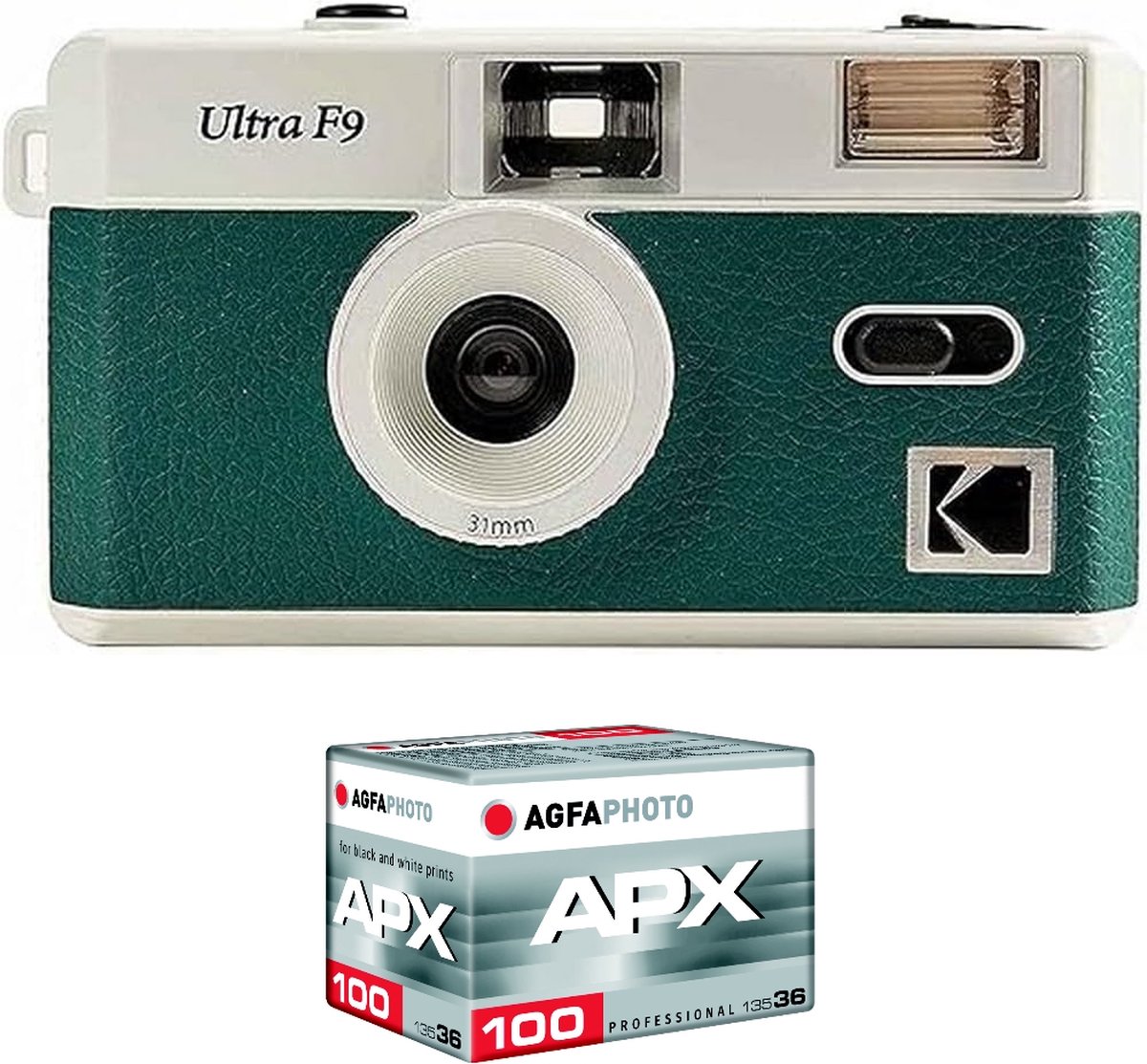 KODAK F9 Pack Analoge Camera + Film 100 ASA – Herbruikbare 35 mm Kodak-camera Groen, Vaste Groothoeklens, Optische Zoeker, Ingebouwde Flitser + APX 100 Film, 36 Opnamen