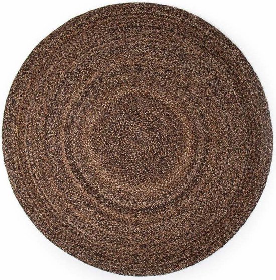 Rond bruin vloerkleed met een gespikkeld effect, van bovenaf gefotografeerd.