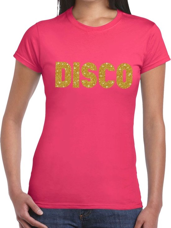 Bellatio Decorations Verkleed shirt voor dames - disco - roze - gouden glitter - 70s/80s - carnaval S