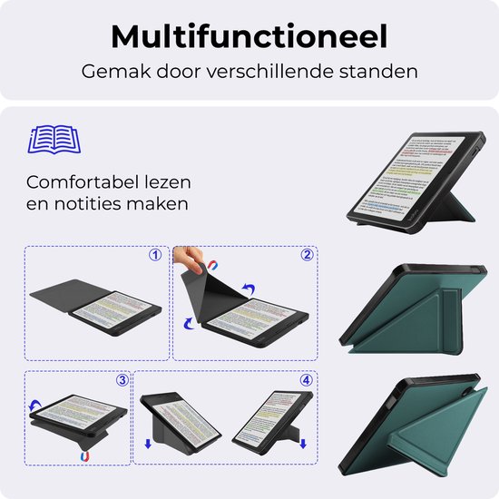 Hoesje Geschikt voor Kobo Libra Colour Hoesje Luxe Bescherm Case Trifold Met Screenprotector - Hoes Geschikt voor Kobo Libra Colour Hoes Book Cover - Donkergroen van Hoesje  — afbeelding 5