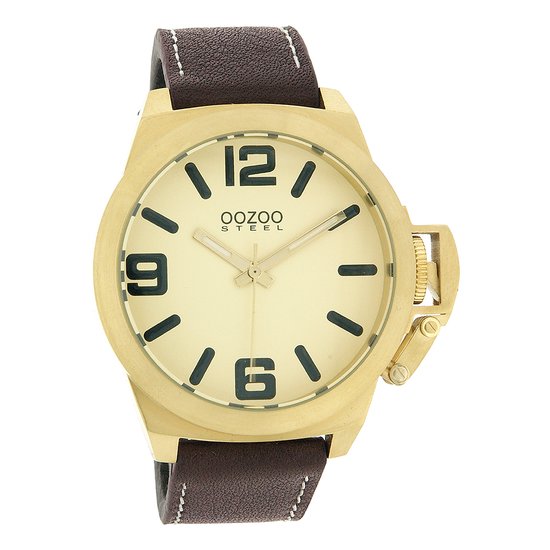 OOZOO Timepieces - Goudkleurige horloge met bruine leren band - OS102