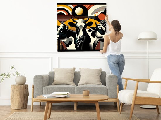 Modern koeien schilderij | Vernieuwend Boerderijdieren Meesterwerk: Hedendaagse Interpretatie van Klassiek Thema | Kunst - 100x100 centimeter op Canvas | Foto op Canvas