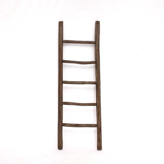 Decoratieve ladder van rustiek teakhout, 5 treden, donkerbruin.