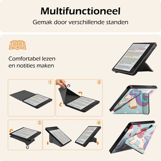 Hoesje Geschikt voor Kobo Libra Colour Hoes Book Case Trifold - Hoes Geschikt voor Kobo Libra Colour Hoesje Book Cover Met Screenprotector - Eenhoorn van Hoesje  — afbeelding 3