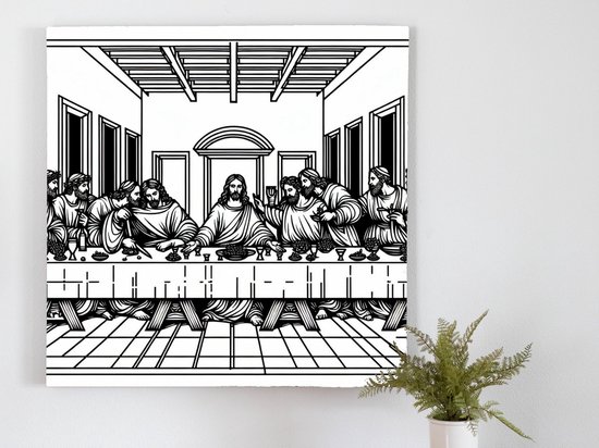Line art laatste avondmaal schilderij | De lijnen van het laatste avondmaal dansen op doek | Kunst - 30x30 centimeter op Canvas | Foto op Canvas