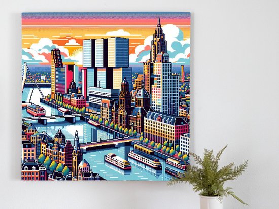 Pixel art rotterdam schilderij | Rotterdamse skyline verbeeld in pixelated kunstwerk vol kleurenpracht | Kunst - 50x50 centimeter op Dibond | Foto op Dibond