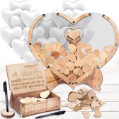 Bruiloftsgastenboek & houten harten decoratieset - gastenboek fotolijstje bruiloft - 80 harten - 20 hartballonnen - 2 markeerstiften - opbergdoos