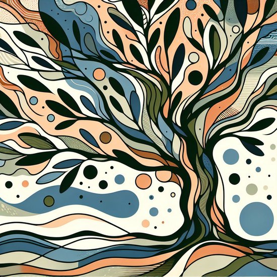 Abstract olijfboom artwork | Mystieke verstrengeling van kleurrijke bladeren in een groene oase | Kunst - 60x60 centimeter op Canvas | Foto op Canvas - wanddecoratie schilderij