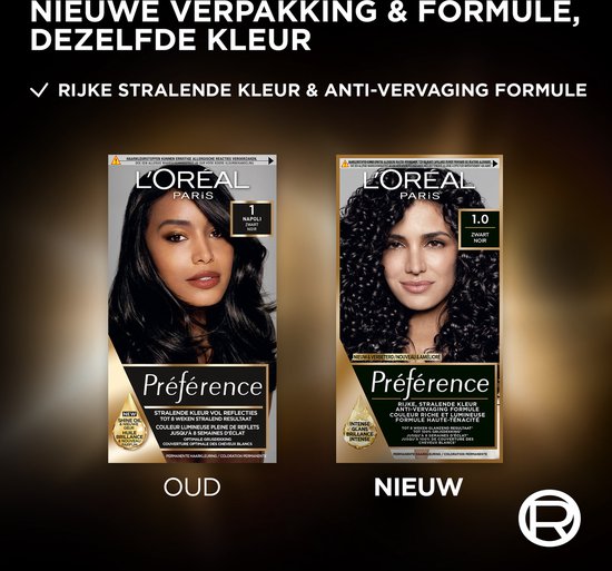 Vergelijking 'OUD' en 'NIEUW' L'Oréal Paris Préférence verpakkingen met donkerharige modellen.