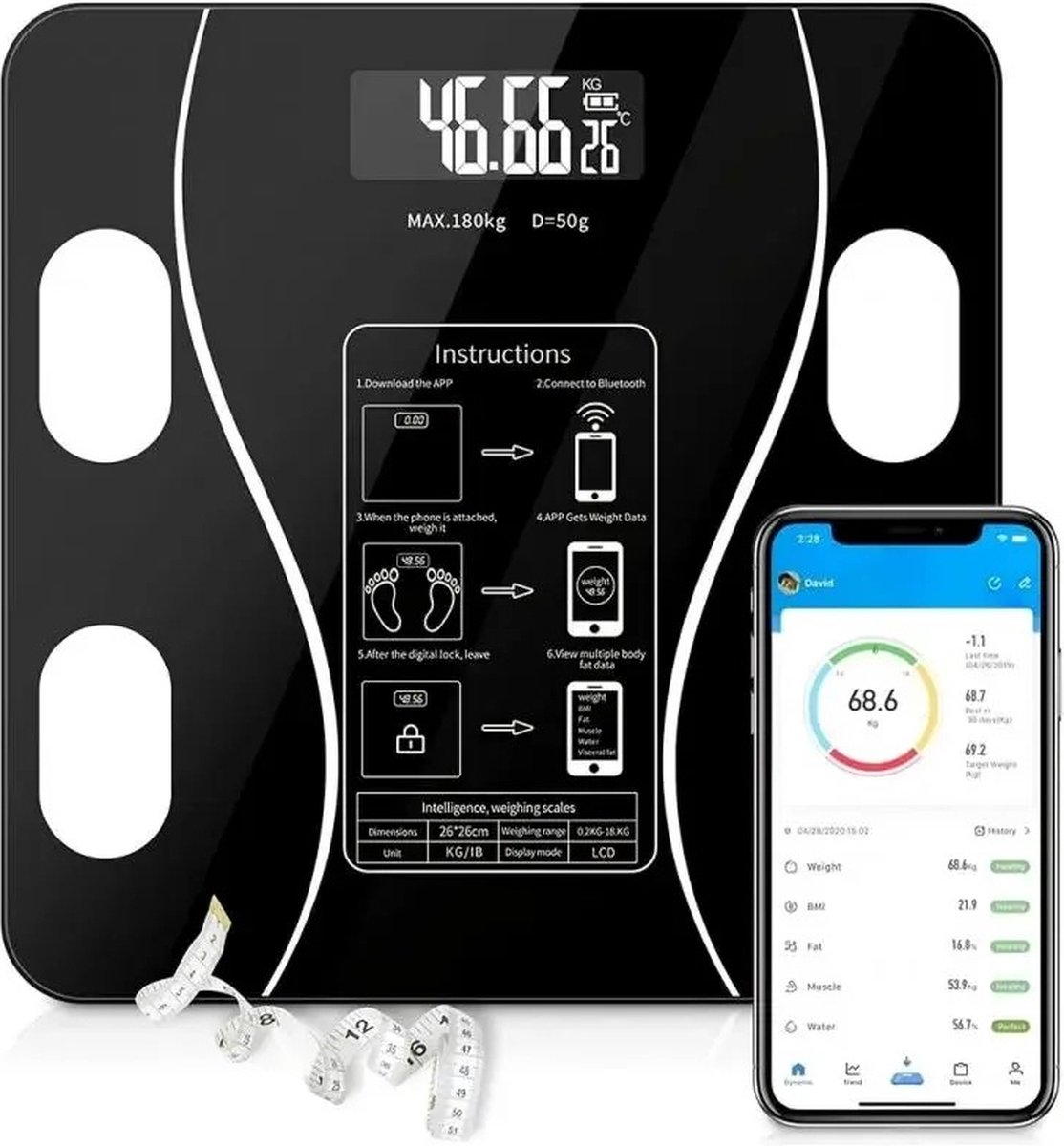 OmegaUna Smart Body Scale - Draadloos - Weegschaal - App - Met Lichaamsanalyse