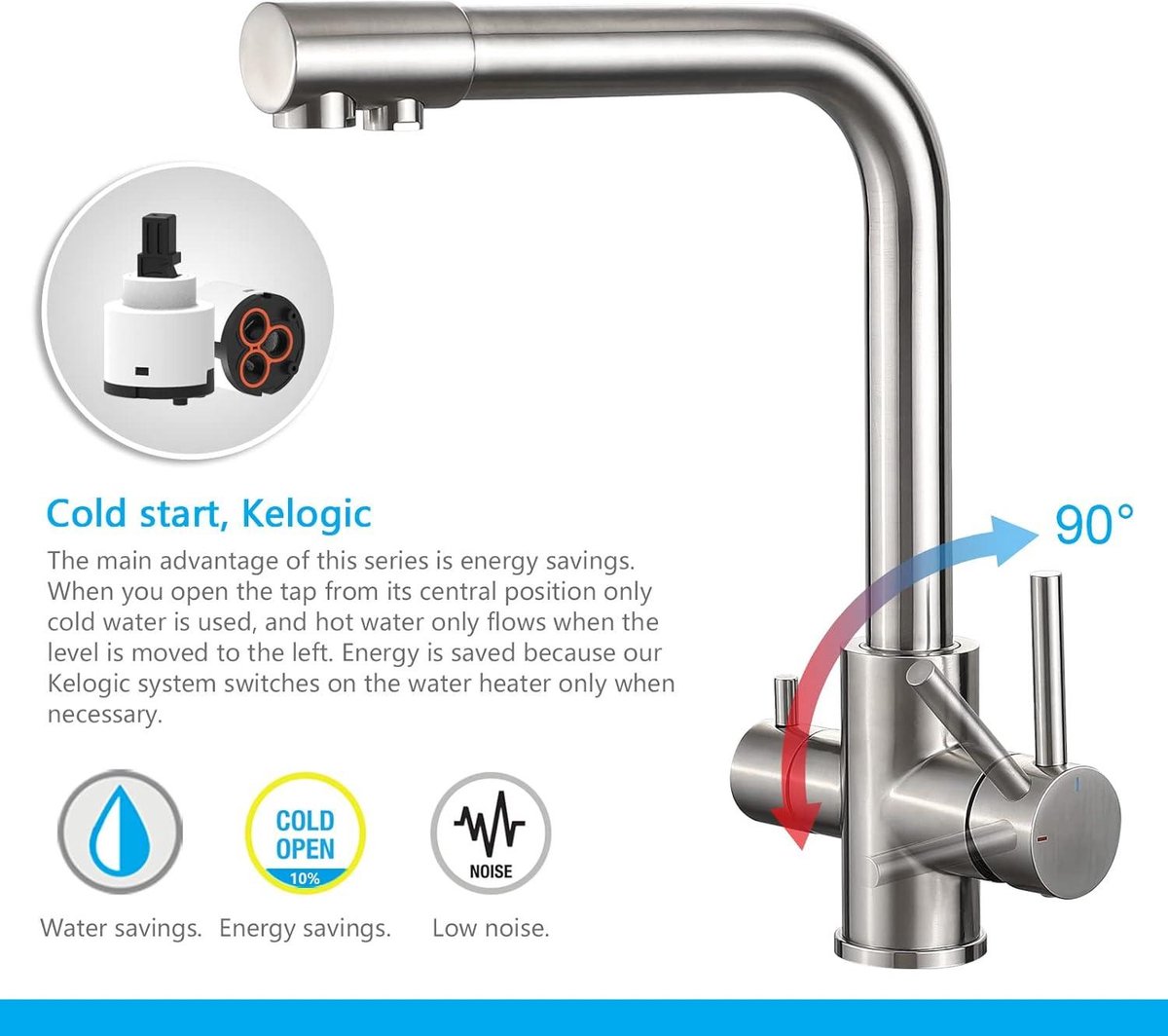 3-weg drinkwaterkraan, 360 graden draaibare keukenkraan waterfilter waterkraan, 3-in-1 waterkraan, keuken, roestvrij staal 304, drinkwaterkraan met 2 hendels (wit