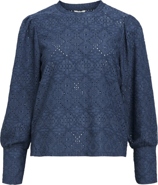 T-shirt bleu brodé à manches longues bouffantes et col rond.