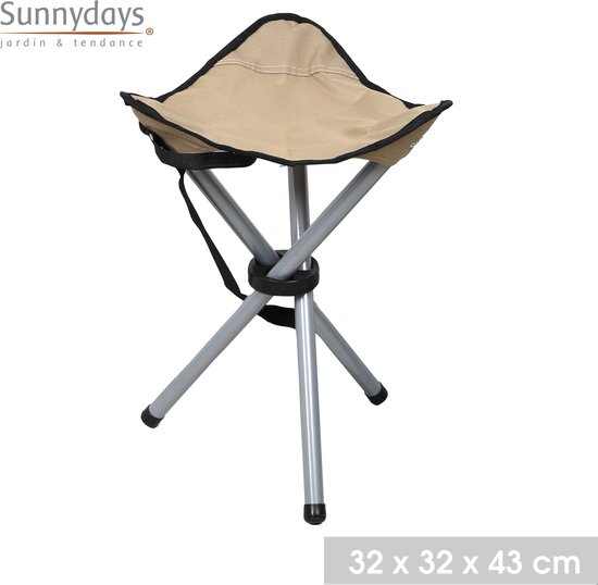Sunnydays Driepoot opvouwbaar zit krukje - 4x - beige - metaal - 32 x 43 cm - Campingstoel - Visserskrukje van Sunnydays — afbeelding 2